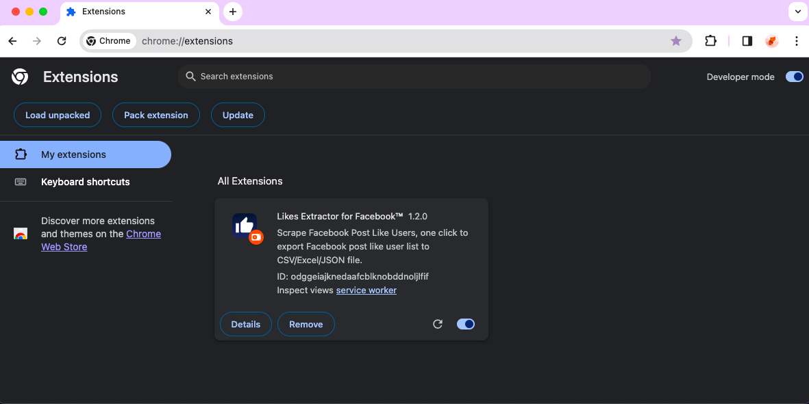 Facebook Likes Export chrome extension install done
