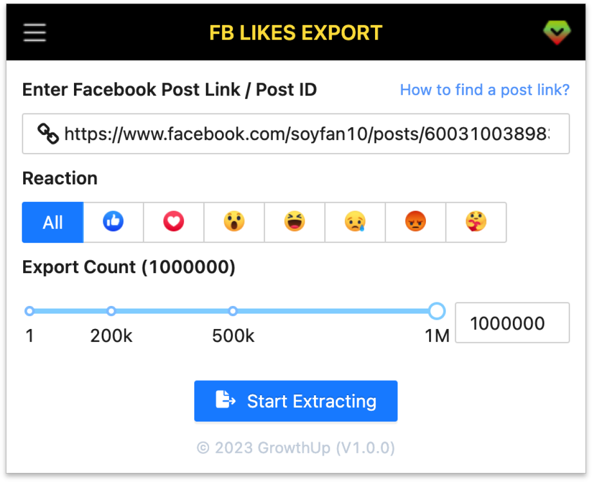 Facebook Likes Export Screenshot